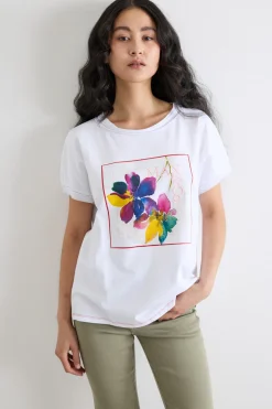 T-shirt in jersey con stampa e ricamo - Bianco