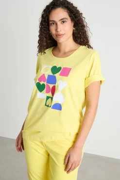 T-shirt in jersey stampato con ricami - Giallo