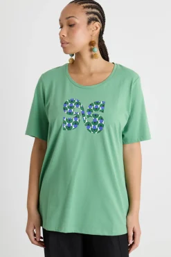 T-shirt in jersey stampato con ricami - Verde