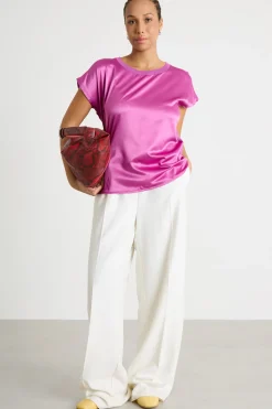 T-shirt in jersey stretch e raso - Fuxia