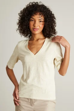 T-shirt in lino con scollo a V - Beige