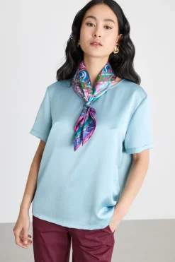 T-shirt in raso e jersey - Azzurro