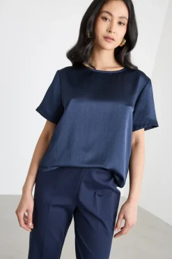 T-shirt in raso e jersey - Blu