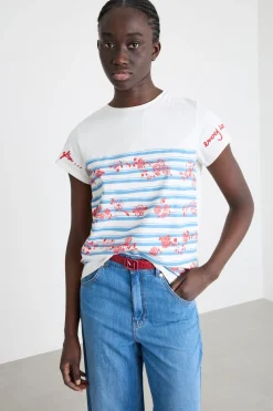 T-shirt stampata e ricamata - Bianco Azzurro