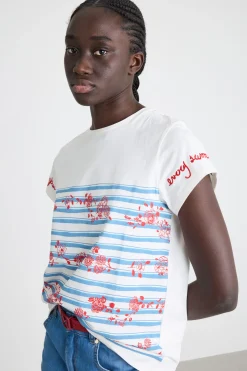 T-shirt stampata e ricamata - Bianco Azzurro