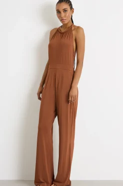 Tuta fluida con scollo all'americana - Marrone
