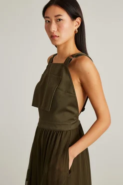 Tuta gabardina di cotone e chiffon seta - Verde Militare
