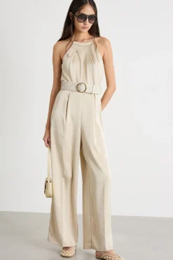 Tuta halterneck in raso - Beige
