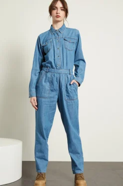 Tuta in denim con cintura - Azzurro Denim
