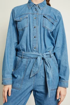 Tuta in denim con cintura - Azzurro Denim