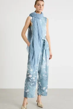 Tuta in twill di viscosa stampata - Azzurro Bianco